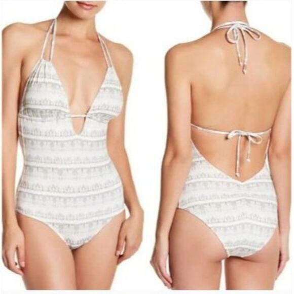 Eberjey Swimsuit Suki Earth Shadow Tan Geometric Halter Neck One Piece Small New - Picture 1 of 7